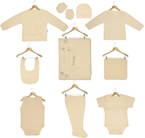 FunInfant Unisex Baby Layette מתנות בגדי כותנה אורגניים סט מגורים בנות או בנים של 10 חלקים | 0-3 חודשים